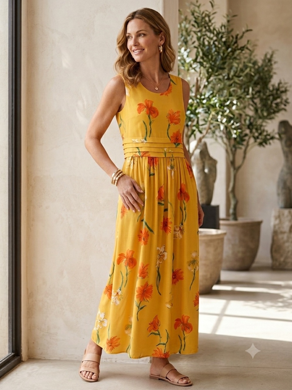 Stonebridge Vintage Yellow Floral Rayon Maxi Dress Sleeveless Gathered Waist SZ6